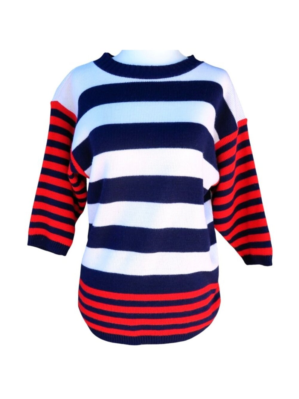Marlene Nautical Stripe Sweater (Small) – Navy, Cream & Red, Boat Neck, 1980s